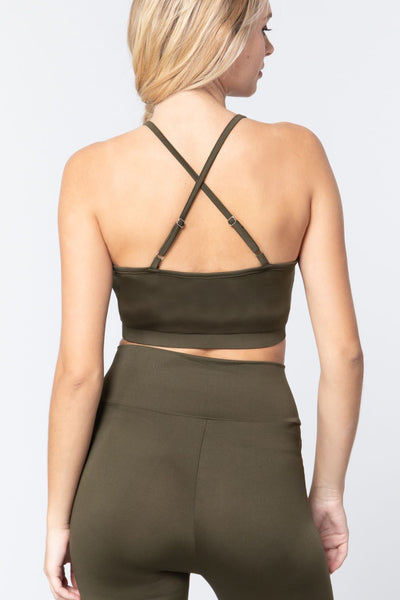 Round Neck Polyester/Spandex Cross Back Detail Workout Cami Bra Top (True Olive)