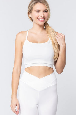 Round Neck Polyester/Spandex Cross Back Detail Workout Cami Bra Top (Off White)