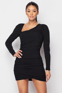 Simple But Sexy 60% Nylon 45% Metallic 5% Spandex Asymmetrical Neckline Puff Sleeve Back Zip Mini Dress (Black)