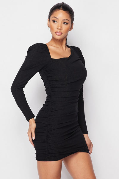 Simple But Sexy 60% Nylon 45% Metallic 5% Spandex Asymmetrical Neckline Puff Sleeve Back Zip Mini Dress (Black)