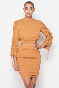 Our Best 100% Polyester Ruched Detail Long Sleeve Two Piece Skirt Set (Camel)