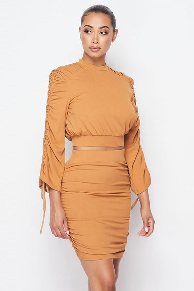 Our Best 100% Polyester Ruched Detail Long Sleeve Two Piece Skirt Set (Camel)
