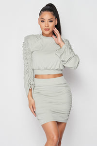 Our Best 100% Polyester Ruched Detail Long Sleeve Two Piece Skirt Set (Dusty Mint)
