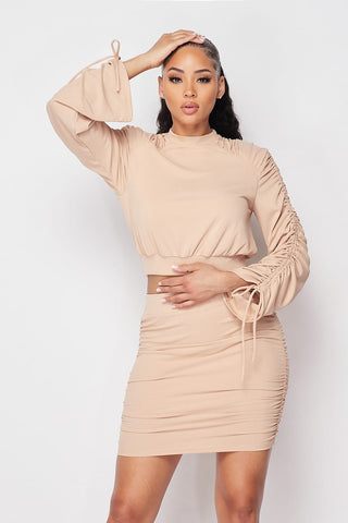 Our Best 100% Polyester Ruched Detail Long Sleeve Two Piece Skirt Set (Taupe)