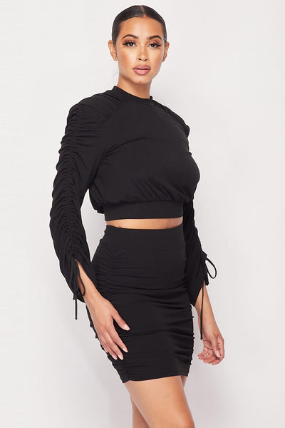 Our Best 100% Polyester Ruched Detail Long Sleeve Two Piece Skirt Set (Black)
