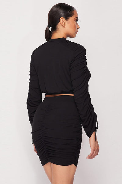 Our Best 100% Polyester Ruched Detail Long Sleeve Two Piece Skirt Set (Black)