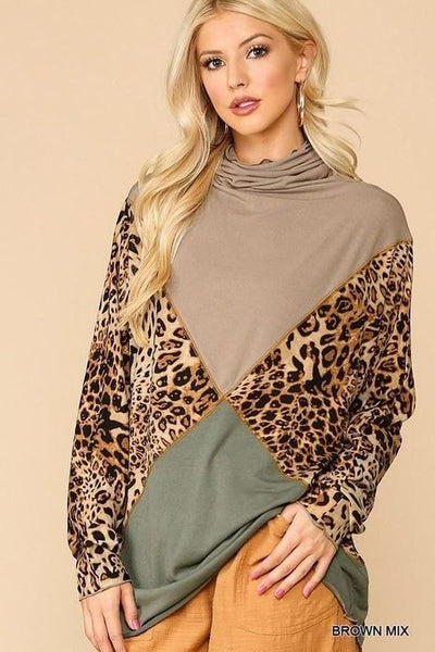 Alisha Lakisha Solid And Animal Print Mixed Knit Turtleneck Long Sleeves Brown Mix Top