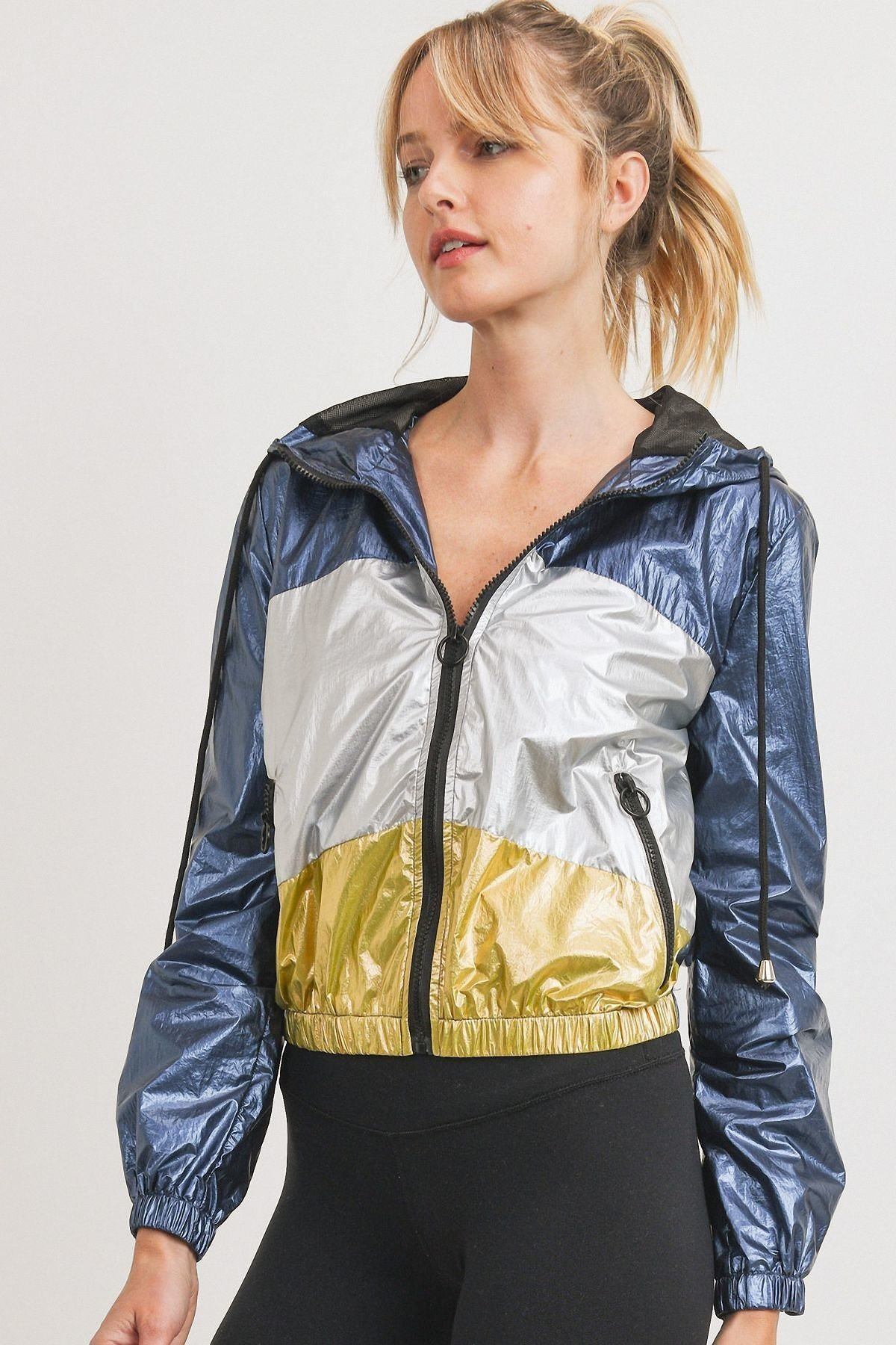 Marylyn Marvelous 100% Polyester Navy/Silver/Gold Metallic Colorblock Hoodie Jacket
