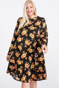 Plus Size Lovely Ladies 95% Polyester 5% Spandex Floral Mock Neck Hidden Pocket Round Hem Midi Dress (Black Combo)