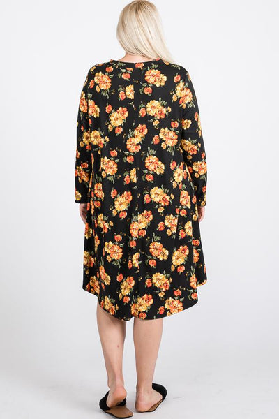 Plus Size Lovely Ladies 95% Polyester 5% Spandex Floral Mock Neck Hidden Pocket Round Hem Midi Dress (Black Combo)