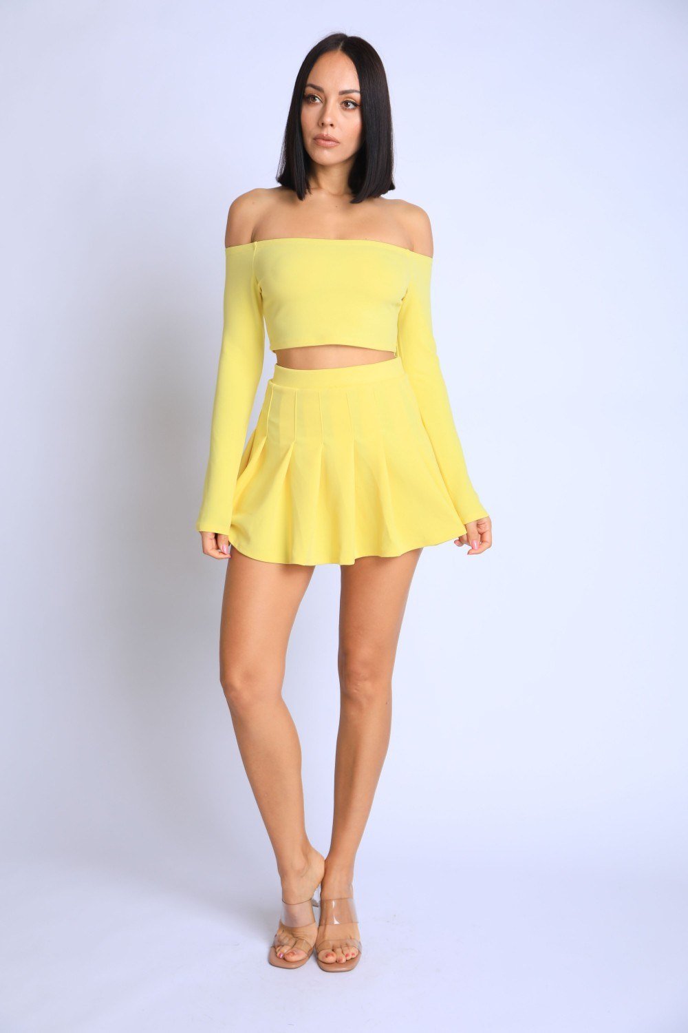 Our Best 90% Polyester 10% Spandex Off Shoulder Jersey Knit Top & Skater Skirt Two Piece Set (Yellow)