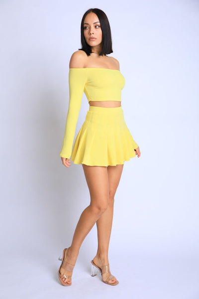 Our Best 90% Polyester 10% Spandex Off Shoulder Jersey Knit Top & Skater Skirt Two Piece Set (Yellow)