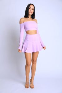 Our Best 90% Polyester 10% Spandex Off Shoulder Jersey Knit Top & Skater Skirt Two Piece Set (Lavender)