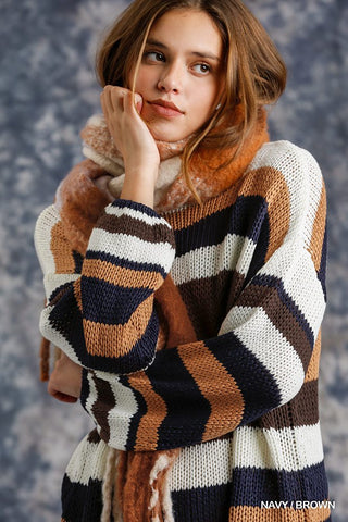 Our Best 100% Acrylic Multicolored Stripe Round Neck Long Sleeve Knit Sweater (Navy/Brown)