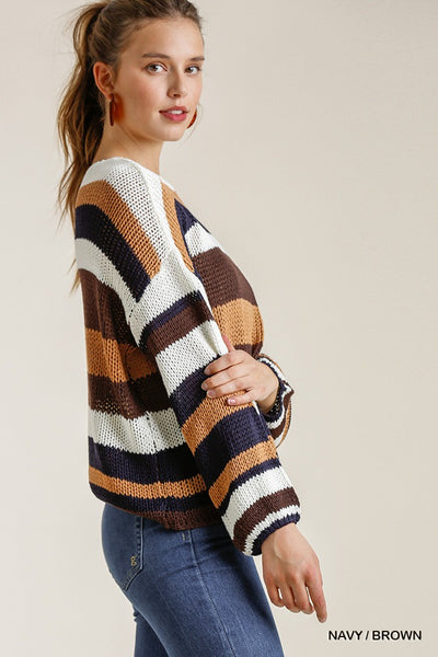 Our Best 100% Acrylic Multicolored Stripe Round Neck Long Sleeve Knit Sweater (Navy/Brown)
