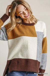 Selena Serena Acrylic Blend Colorblock Cotton Fabric High Low Hem Sweater (Mustard/Brown)