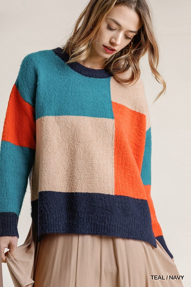 Selena Serena Acrylic Blend Colorblock Cotton Fabric High Low Hem Sweater (Teal/Navy)