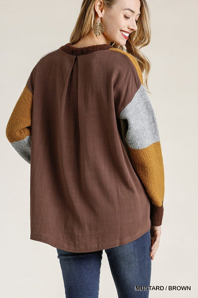Selena Serena Acrylic Blend Colorblock Cotton Fabric High Low Hem Sweater (Mustard/Brown)