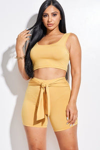 Our Best 96% Polyester 4% Spandex Solid Double Layered Tank Top and Tie Front Shorts Two Piece Set (Mustard)
