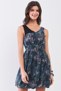 Flora Floral Multi 100% Polyester Sleeveless Mesh V-neck Self-tie Waist Stitched Bottom Mini Dress (Navy)