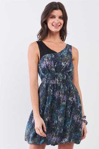 Flora Floral Multi 100% Polyester Sleeveless Mesh V-neck Self-tie Waist Stitched Bottom Mini Dress (Navy)