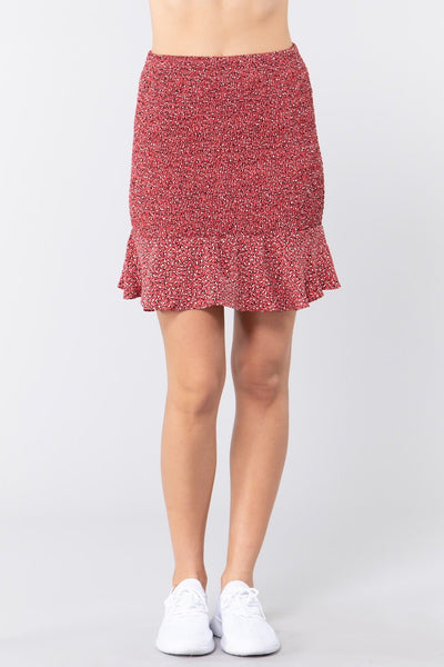 Our Best 100% Polyester Smocked Ruffle Ribbed Detail Mid-Rise Mini Skirt (Red)