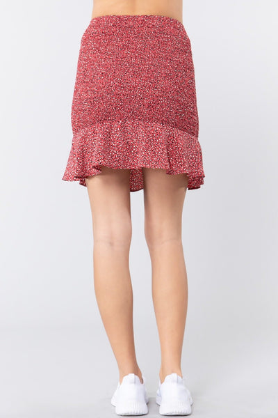 Our Best 100% Polyester Smocked Ruffle Ribbed Detail Mid-Rise Mini Skirt (Red)