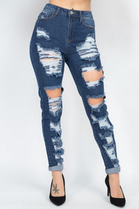 Damsel In Distressed 100% Polyester Distressed Cuffed Hem Straight Leg Jeans (Dark Denim)