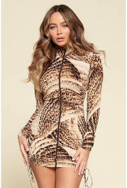Girl's Got Attitude 95% Polyester 5% Spandex Long Sleeve Front Zip Ruched Detail Bodycon Mini Dress (Sand Brown)