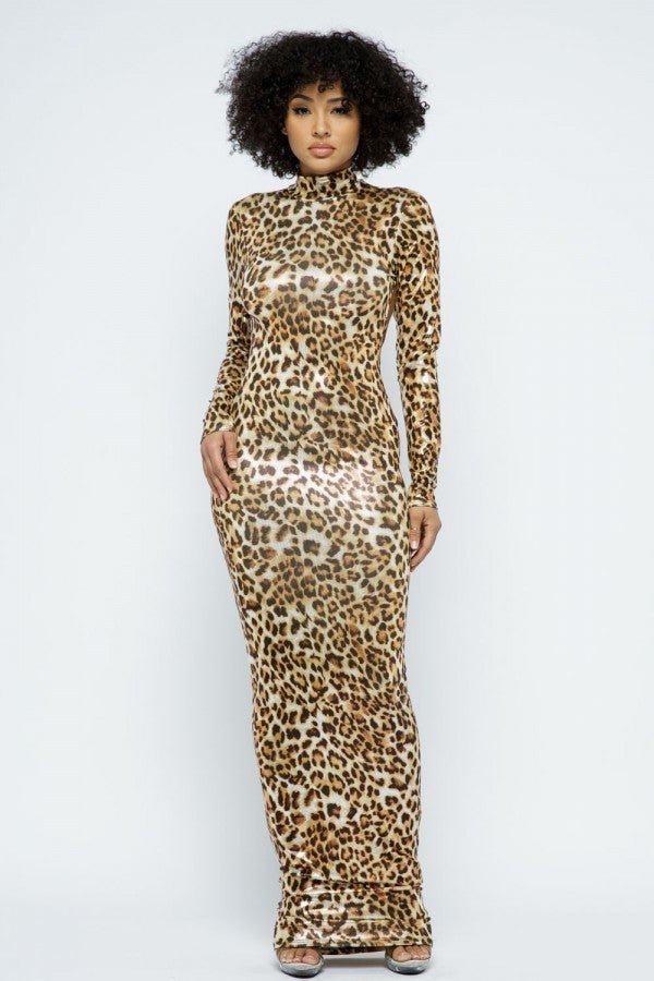 Samantha On Safari Polyester Blend Made In U.S.A. Animal Foil Mock Neck Bodycon Maxi Dress (Gold)