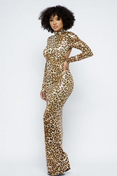 Samantha On Safari Polyester Blend Made In U.S.A. Animal Foil Mock Neck Bodycon Maxi Dress (Gold)