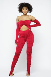Roxanne Rocks Long Sleeve Cinch Cut Out Front Off-The-Shoulder Ruched Leg Jumpsuit (Red)