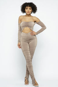 Roxanne Rocks Made In U.S.A. Polyester Blend Long Sleeve Cinch Cut Out Front Ruched Leg Jumpsuit (Taupe)
