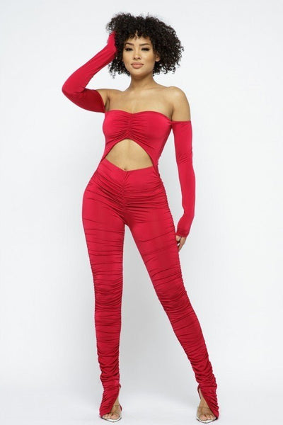 Roxanne Rocks Long Sleeve Cinch Cut Out Front Off-The-Shoulder Ruched Leg Jumpsuit (Red)