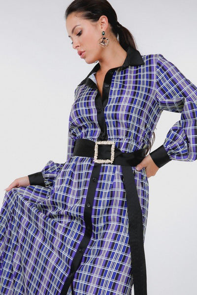 Our Best 100% Polyester Plaid Shirt Button Down Belted Gold Belt Buckle Maxi Dress (Black Blue)