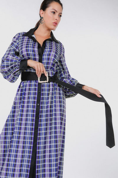 Our Best 100% Polyester Plaid Shirt Button Down Belted Gold Belt Buckle Maxi Dress (Black Blue)