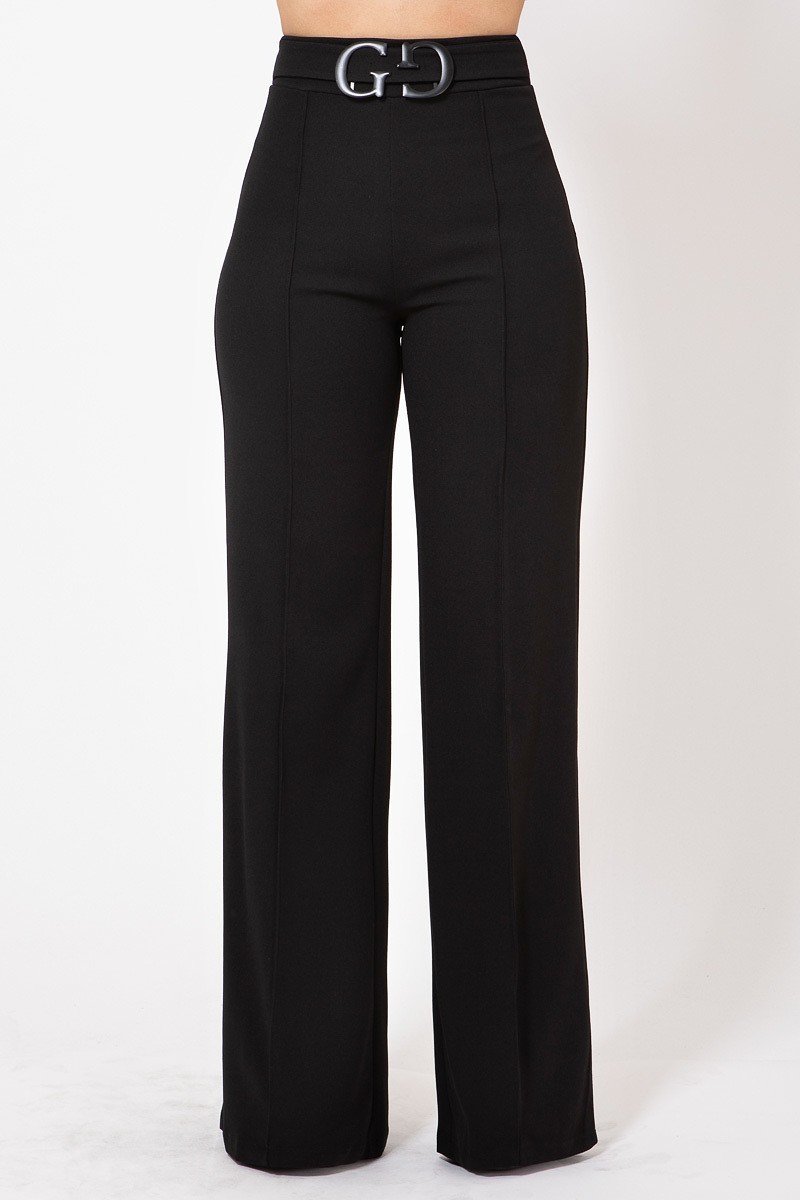 Gina Georgina Polyester/Spandex Blend Double Reverse G Buckle Detail Flare Pants (Black)
