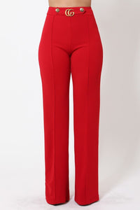 Sleek & Sexy Lovely Ladies Polyester/Spandex Blend CG Buckle & Button Detail Casual Wear Dressy Pants (Red)