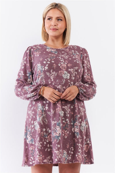 Plus Size Lovely Ladies 63% Polyester 33% Rayon 4% Spandex Washed Floral Print Long Puff Sleeve Relaxed Fit Mini Dress (Burgundy)