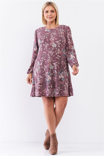 Plus Size Lovely Ladies 63% Polyester 33% Rayon 4% Spandex Washed Floral Print Long Puff Sleeve Relaxed Fit Mini Dress (Burgundy)