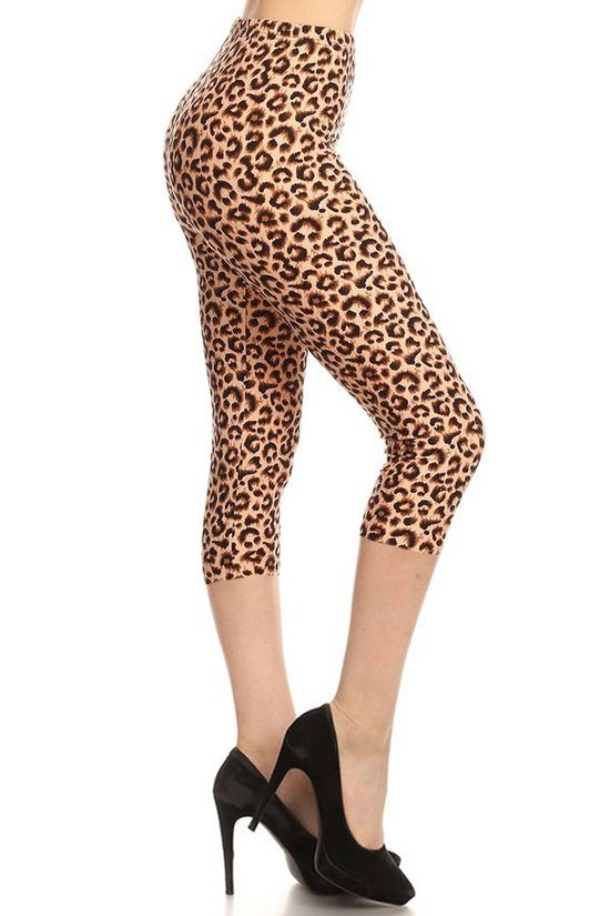 Leopard Printed, High Waisted Capri Leggings In A Fitted Style With An Elastic Waistband