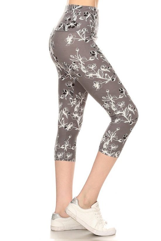 Yoga Style Banded Lined Floral Printed Knit Capri Legging With High Waist.