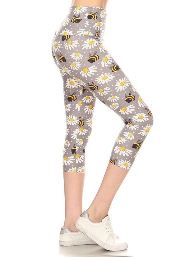 Yoga Style Banded Lined Floral And Bee Printed Knit Capri Legging With High Waist.