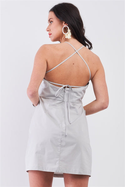 Our Best 97% Cotton 3% Spandex Sleeveless Back Criss Cross Straps Square Neck Side Pockets Apron Mini Dress (Light Grey)