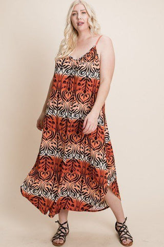 Plus Size Lovely Ladies 96% Polyester 4% Spandex Tie Dye Ombre Damask Print Anna Print Cami Maxi Dress (Orange)
