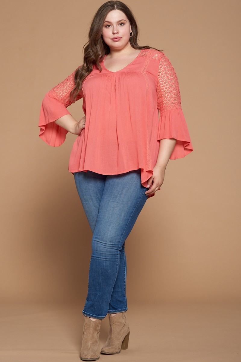 Plus Size Lovely Ladies 100% Polyester Solid Color 3/4 Sleeves Woven Babydoll Blouse (Coral)