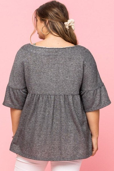 Plus Size Lovely Ladies Polyester Blend Solid French Terry Pullover 3/4 Length Sleeves Woven Top (Charcoal)