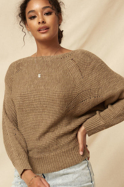 Our Best 80% Acrylic 20% Cotton Ribbed Knit Multi-Rib Pattern Eyelet Accents Sweater (Taupe)