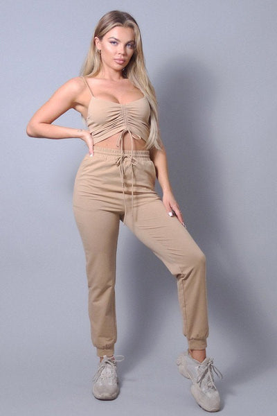 Our Best 100% Polyester Comfy & Sexy Crop Tank Top & Joggers Loungewear Two Piece Set (Mocha)
