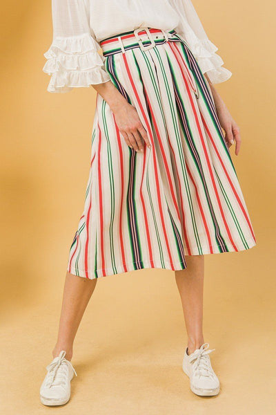 Our Best 100% Polyester Multi-Color Pleated Side Seam Pocket Back Zip Detail Woven Midi Skirt (Ivory)